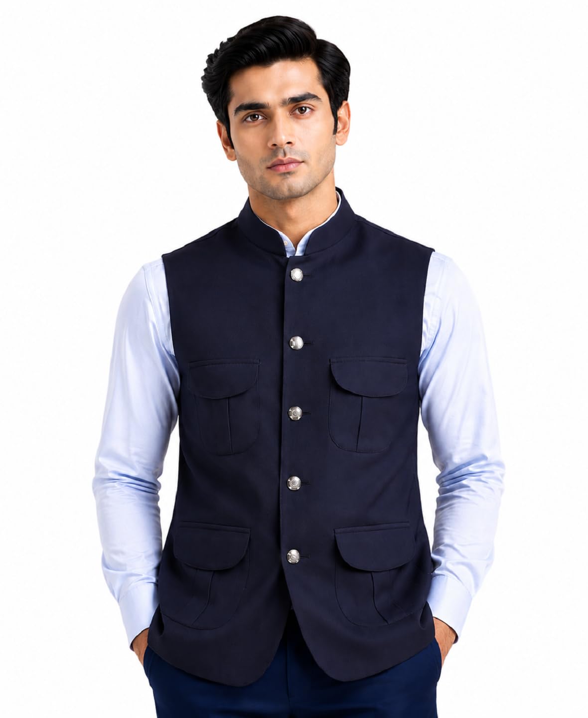 fashion senoraa Nature Craft Men's Cotton Blend Nehru Jacket | Self Design Solid Slim Fit Waistcoat | Mandarin Collar | 4 Pocket Ethnic Jacket for Wedding, Festive, Party & Formal Wear-picture-11
