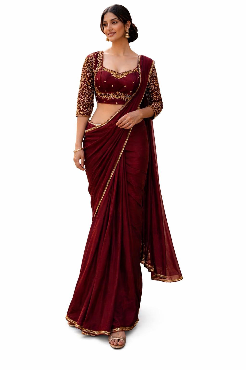 jingudi Maroon Chinnon Designer Saree with Full Stiched Readymade Blouse with Gold Zari Embroidery-picture-32