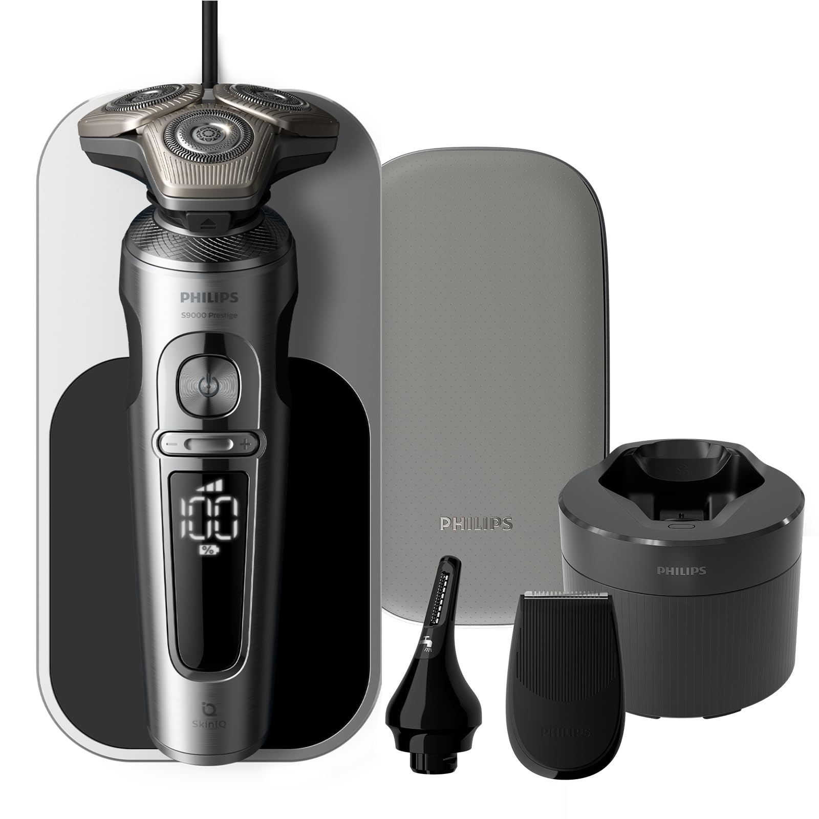 Philips Shaver S9000 Prestige, golarka elektryczna na mokro i sucho, złota, technologią SkinIQ, etui premium, podkładka ładująca Qi, precyzyjny trymer, trymer do nosa i stacja czyszcząca, SP9882/36