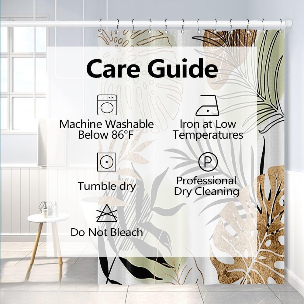 Boho Shower Curtain Set for Bathroom Waffle Abstract Green Gold Tropical Palm Leaves Shower Curtains 72x72inches Farmhouse Stall RV Minimalist Waterproof Fabric Shower Curtain with Hooks