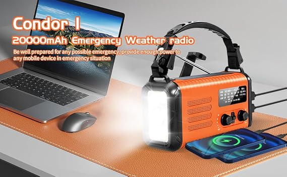 緊急気象ラジオ、20000mAhソーラーラジオ、AM/FM/NOAA付きハンドクランクラジオ、懐中電灯&読書ランプ付きポータブルラジオ、イヤホンジャック、SOSアラーム、屋内外の緊急時の電話充電器。