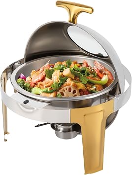 YIYIBYUS Roll Top Chafing Dish Buffet Set, 6.3 Qt Gold Buffet Servers and Warmers, Stainless Steel Round Catering Dishes with Glass Window Full Size Food Pan for Catering Parties Banquets