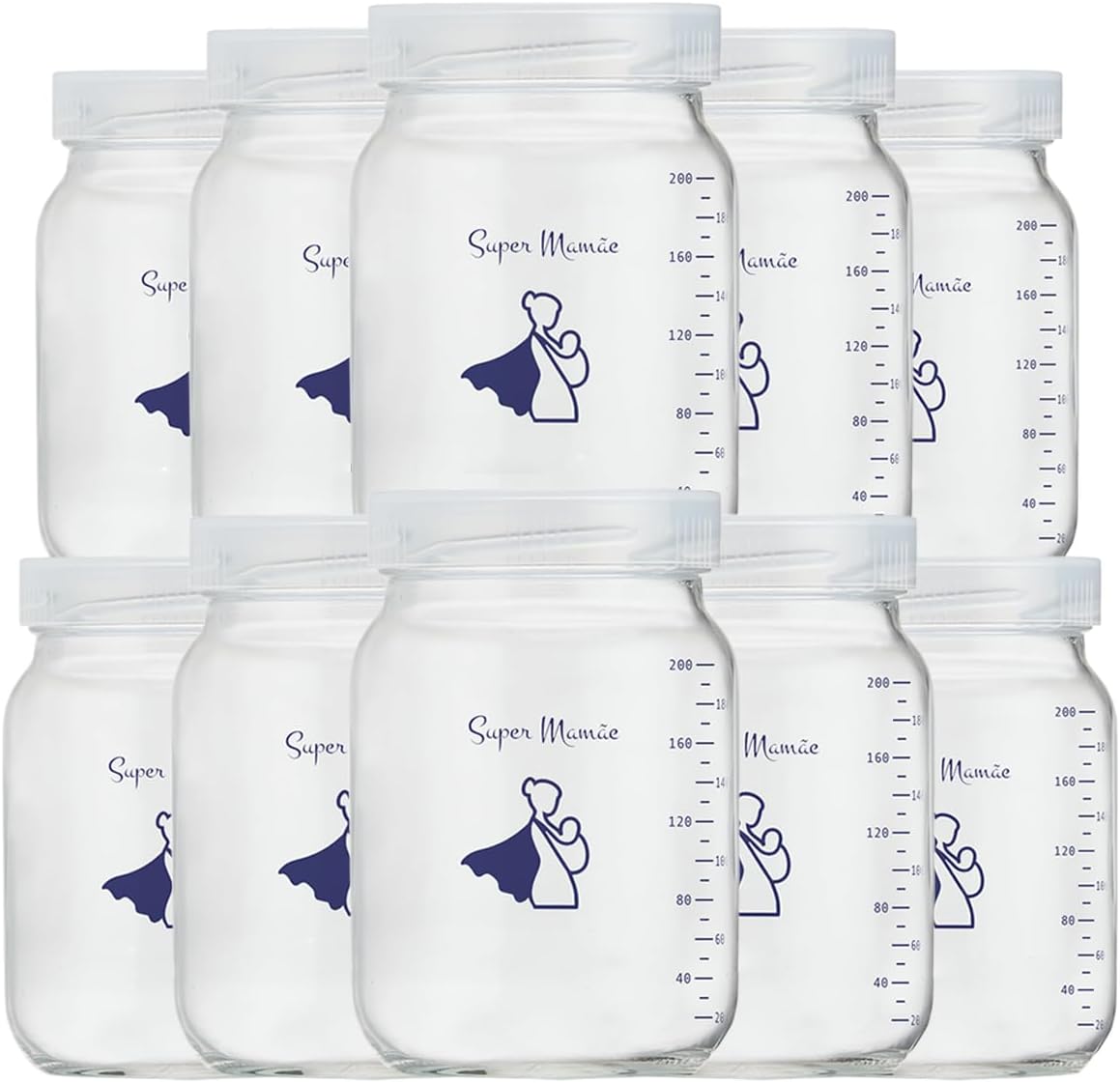 Kit com 10 Potes de Vidro para Armazenar Leite Materno 200ml Com Graduação
