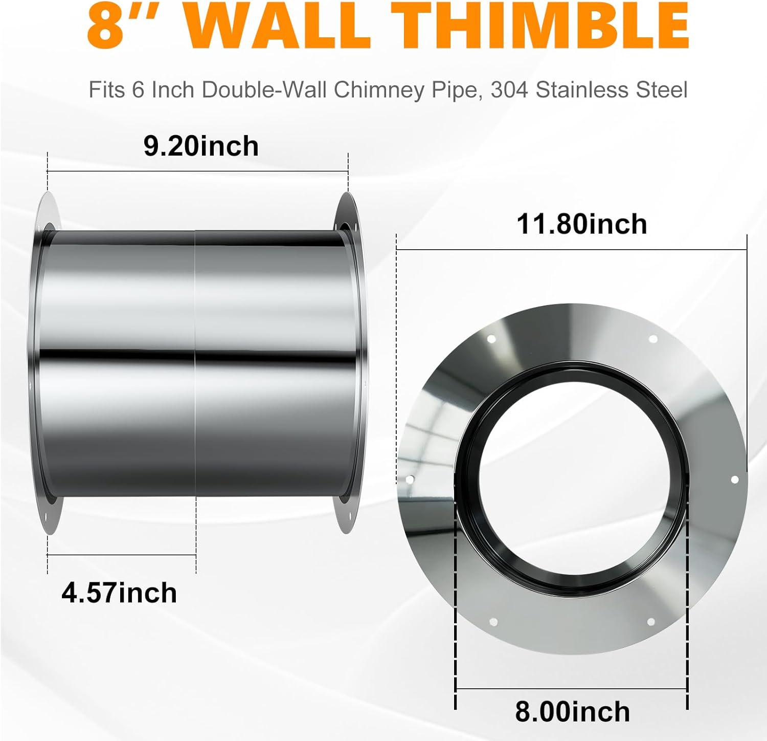 Wall Thimble, Fits 6 Inch Double-Wall Chimney Pipe, 8 Inch Inner Flange Diameter, Adjustable Stainless Steel Pass-Through Venting Kit, Insulated Heat Shield for Wood Stoves, Fireplaces
