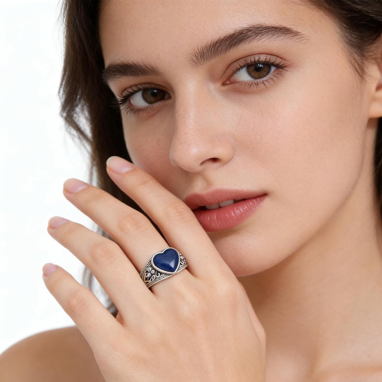 10MM Heart/Oval Cut Vintage Lapis Lazuli Statement Ring 925 Sterling Silver Retro Filigree Blue Lapis Ring for Native American Western Women Size 4-13 - Image 4