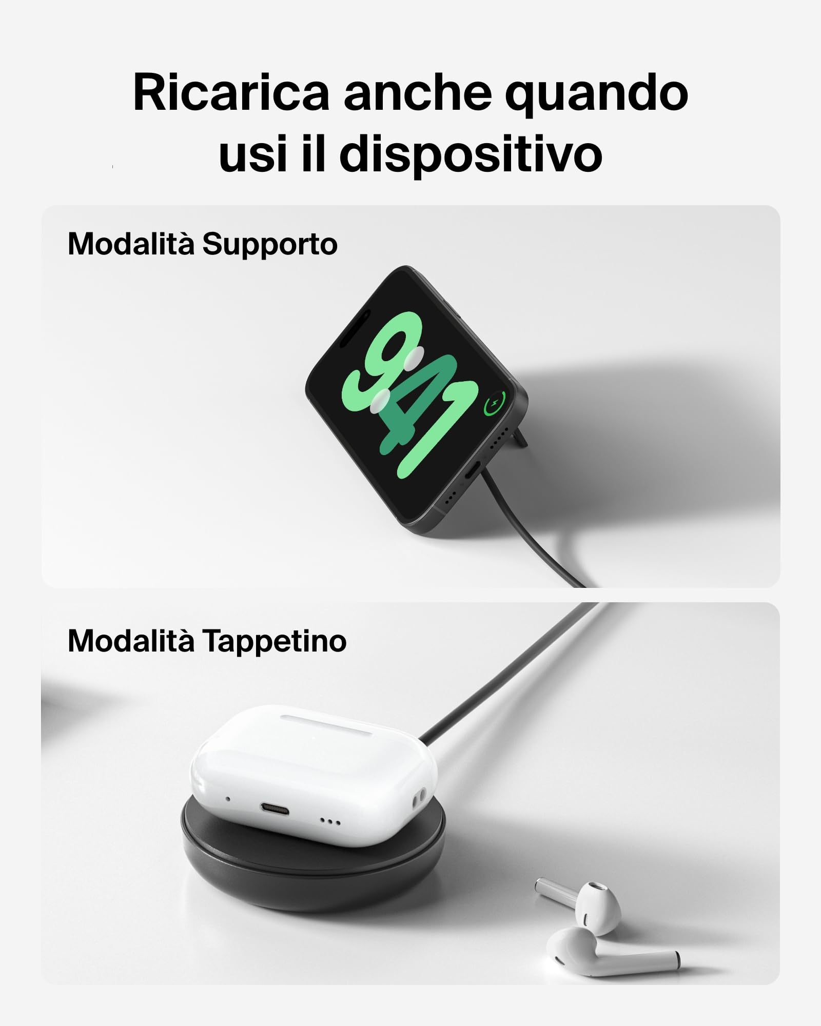 Belkin Tappetino di ricarica wireless magnetica 15 W con supporto, caricatore wireless Qi2 compatibile con MagSafe per iPhone 16 Series, Samsung Galaxy S25 Series, AirPods (con alimentatore), nero