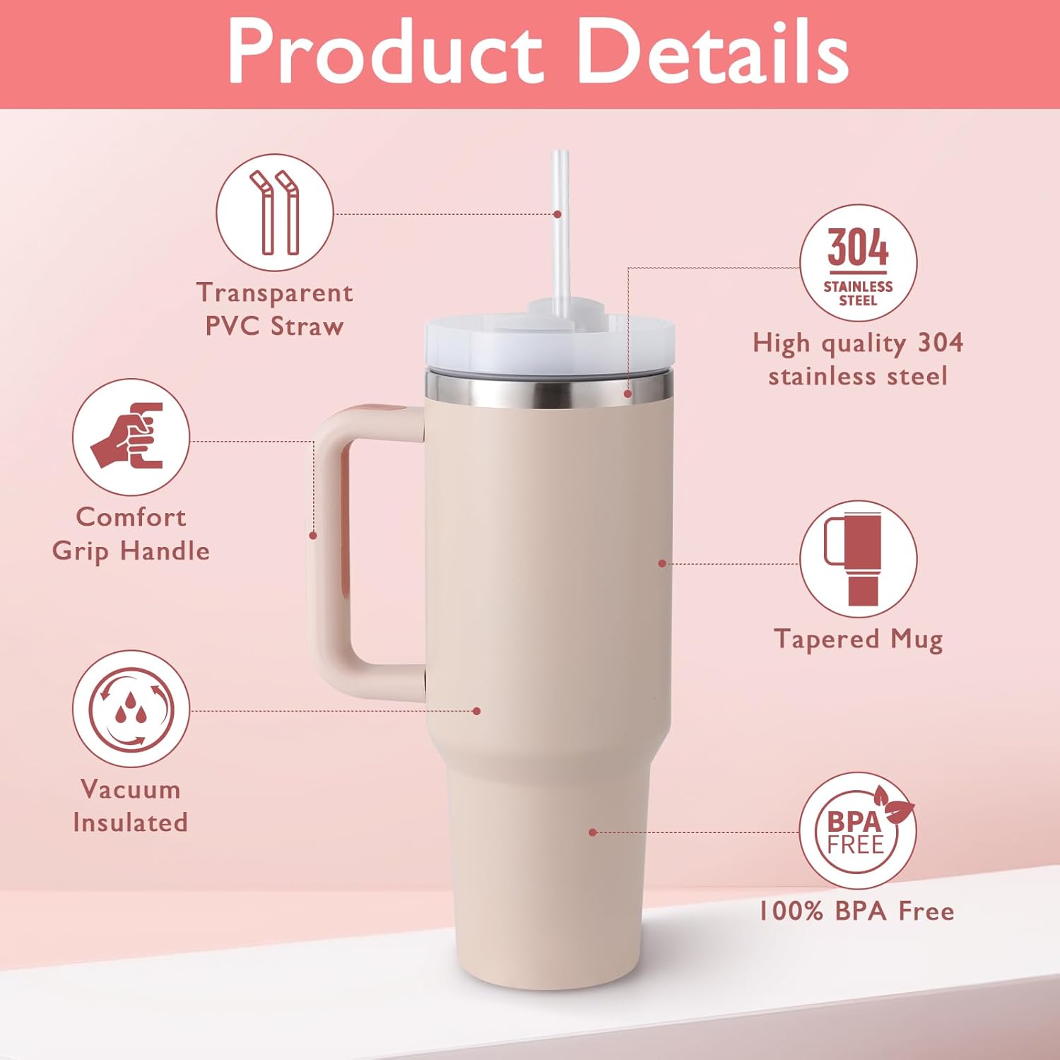 40 oz Tumbler with Handle Straw Lid Insulated Stainless Steel Vacuum Reusable Keep Drinks Cold Coffee Cup Holder Friendly Gifts for Women Lover Car Gym Travel, Pink - Image 4