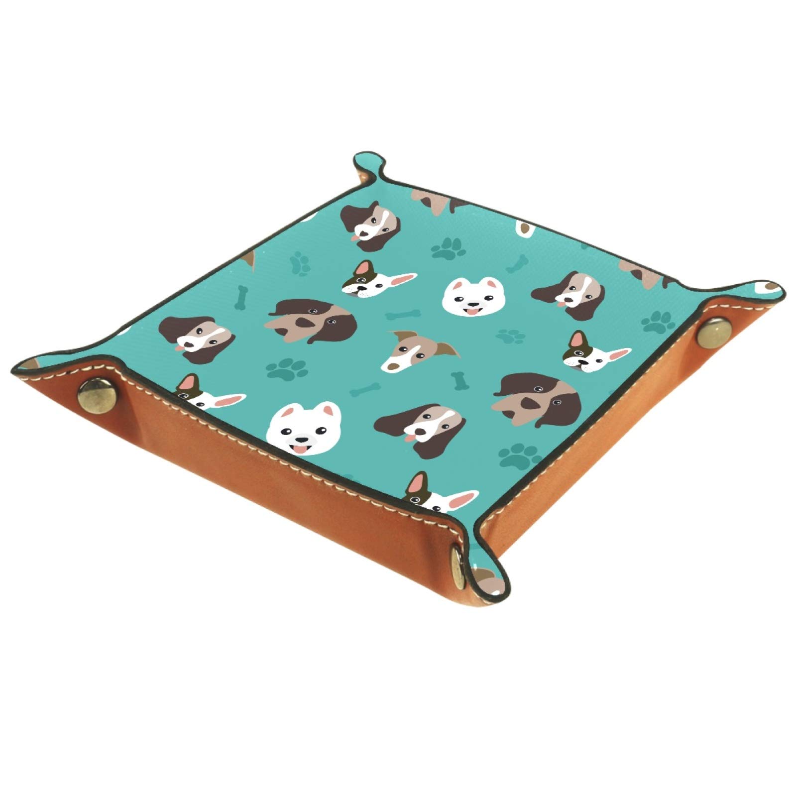 ZORE_FINE5 Leather Square Jewelry Trays Rolling Dice Games Tray key coin candy Storage Box Folding 11.5 cm/4.5 in Dog Corgi Head Pattern Paw Bone