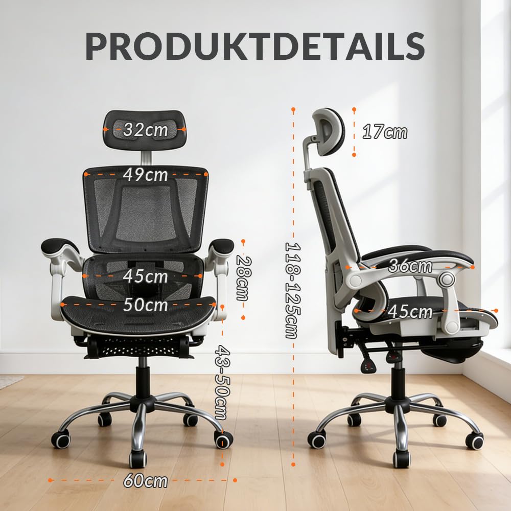 Sedia da ufficio ergonomica con forte supporto lombare regolabile, in rete traspirante, con ampia seduta, poggiapiedi, stabile scrivania per computer (bianco)
