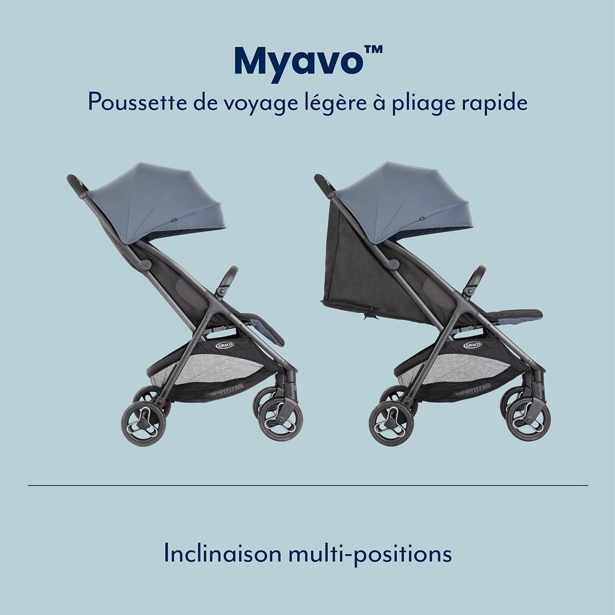 Graco Myavo Poussette de voyage légère avec pliage rapide, de la naissance à environ 4 ans (0-22 kg), se plie rapidement, tient debout une fois pliée, habillage pluie inclus, bleu, Stormy