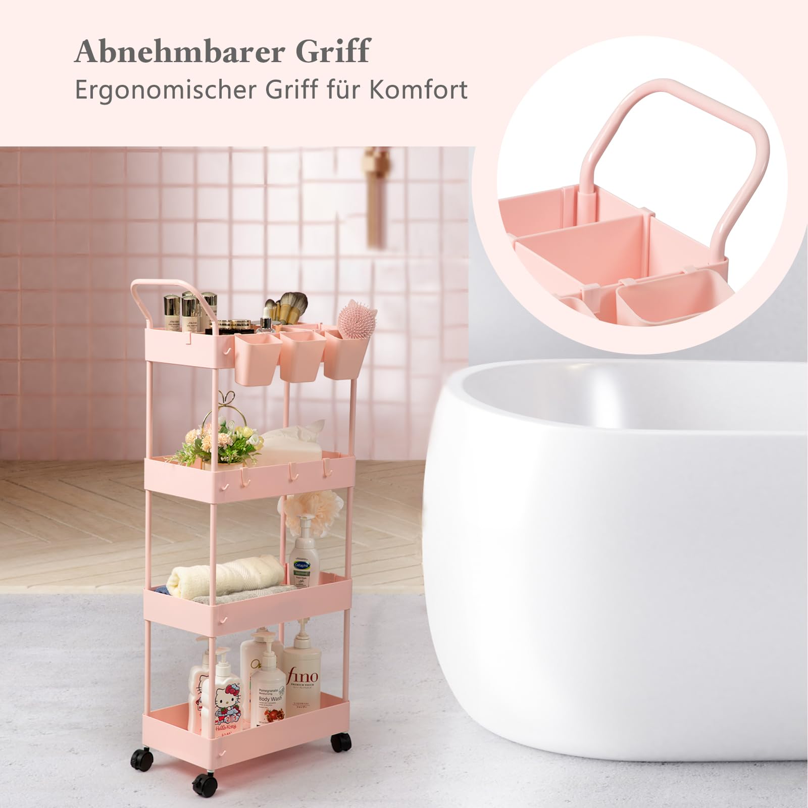 danpinera Chariot de rangement fin, chariot de salle de bain à 4 niveaux – Chariot à linge étroit avec roulettes, diviseurs, tasses suspendues, crochets, poignée, chariot de maquillage – Étagère de