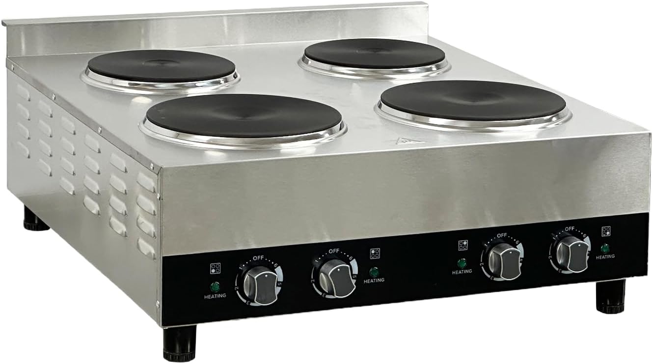 Commercial Electric Hot Plate, 4 Burner, 5600W, Heavy Duty Stainless Steel, 9-Inch Cast Iron Burners, Individual Controls FG-04A ETL