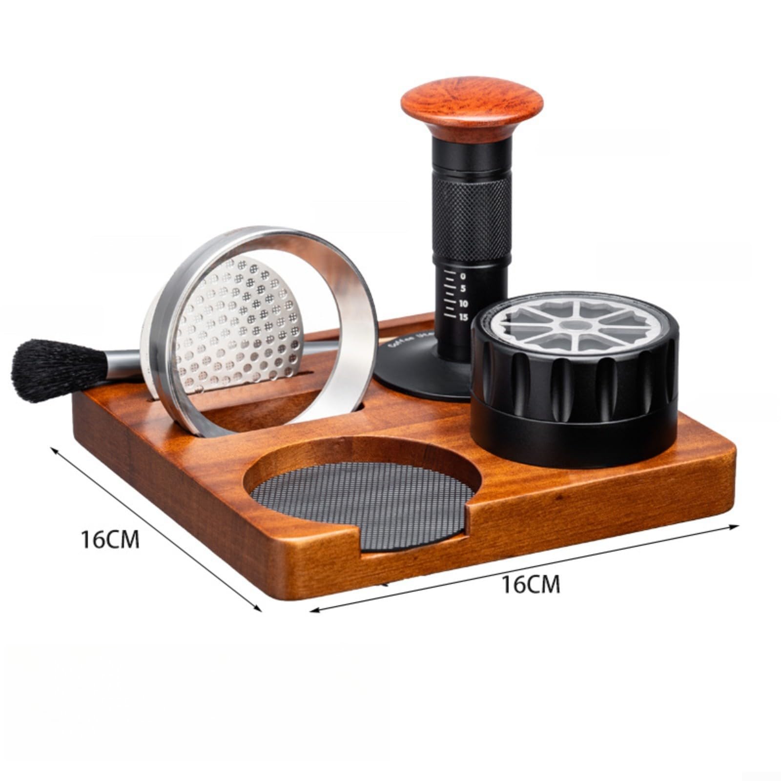 Juego de 6 prensadores de café expreso con estación de prensado de madera, distribuidor de 58 mm y embudo dosificador, pantalla de disco y cepillo de limpieza para una elaboración precisa de Barista