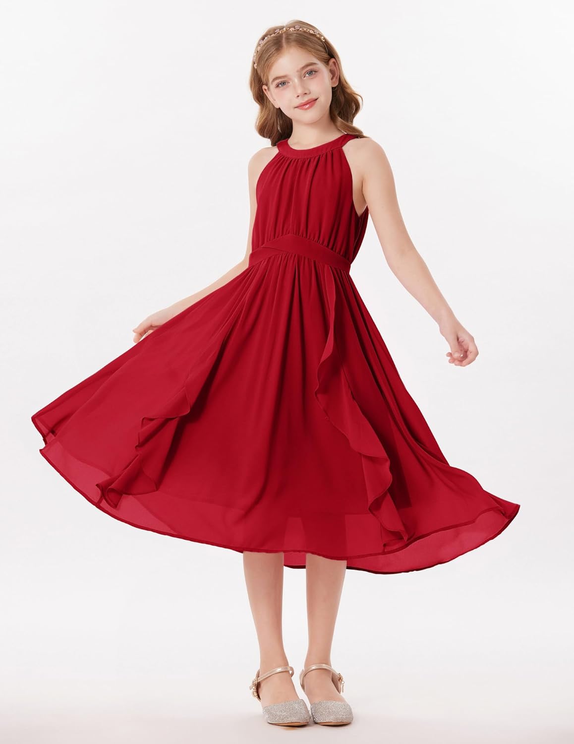 GRACE KARIN Girls Halter Neck Dress Midi Party Casual Chiffon Weeding Sundress Swing Pleated Dresses for Girl 6-14 - Image 7