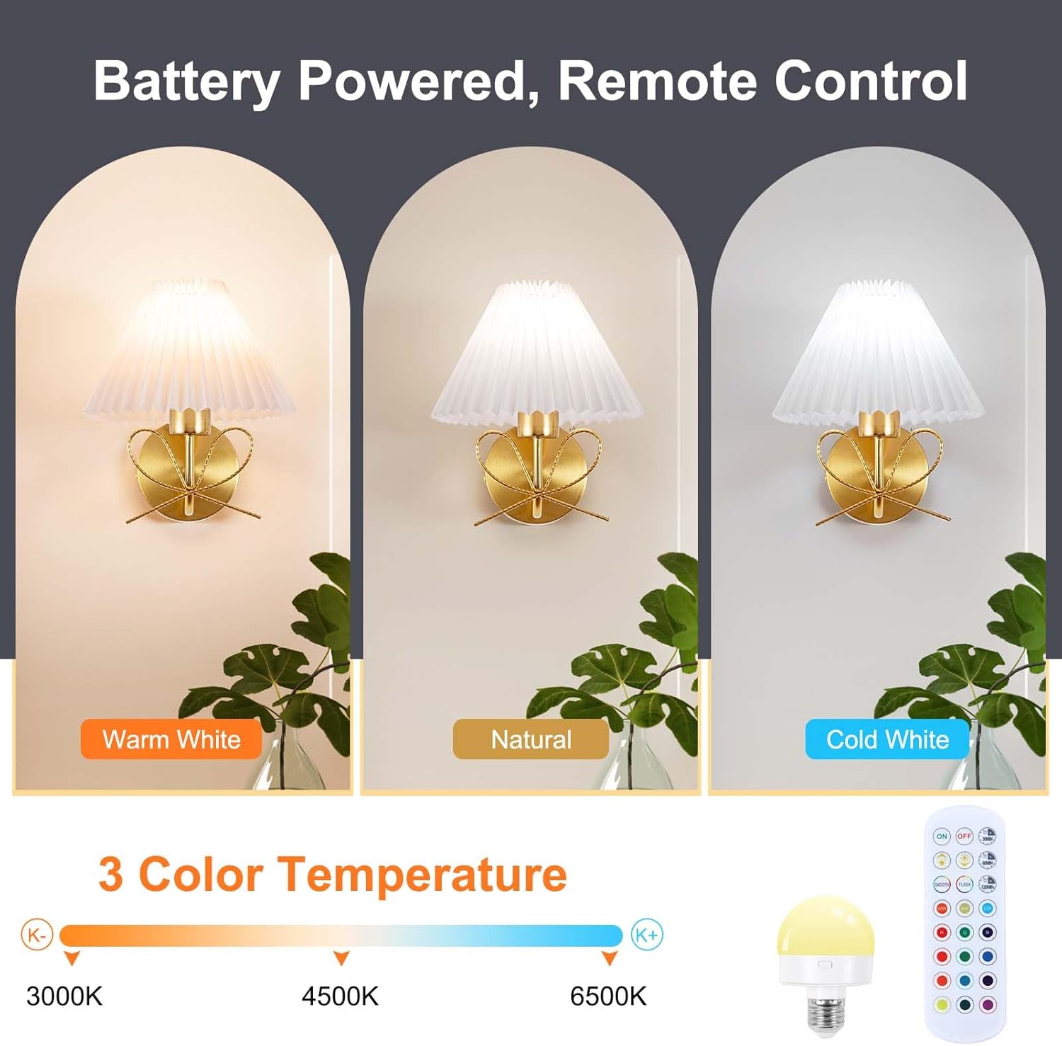 ADISUN Modern Wall Sconce Set of Two, Battery Operated Wall Sconce Remote Control Dimmable Wall Lamp Wireless Sconces for Living Room Bathroom Dining Room Corridor Staircase