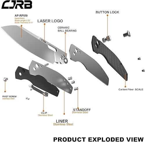 Miniatura 31 de CJRB - Cuchillo EDC de bolsillo Ekko (J1929) con bloqueo de botón, pequeño cuchillo plegable AR-RPM9 hoja de acero y mango de acero inoxidable Hoja