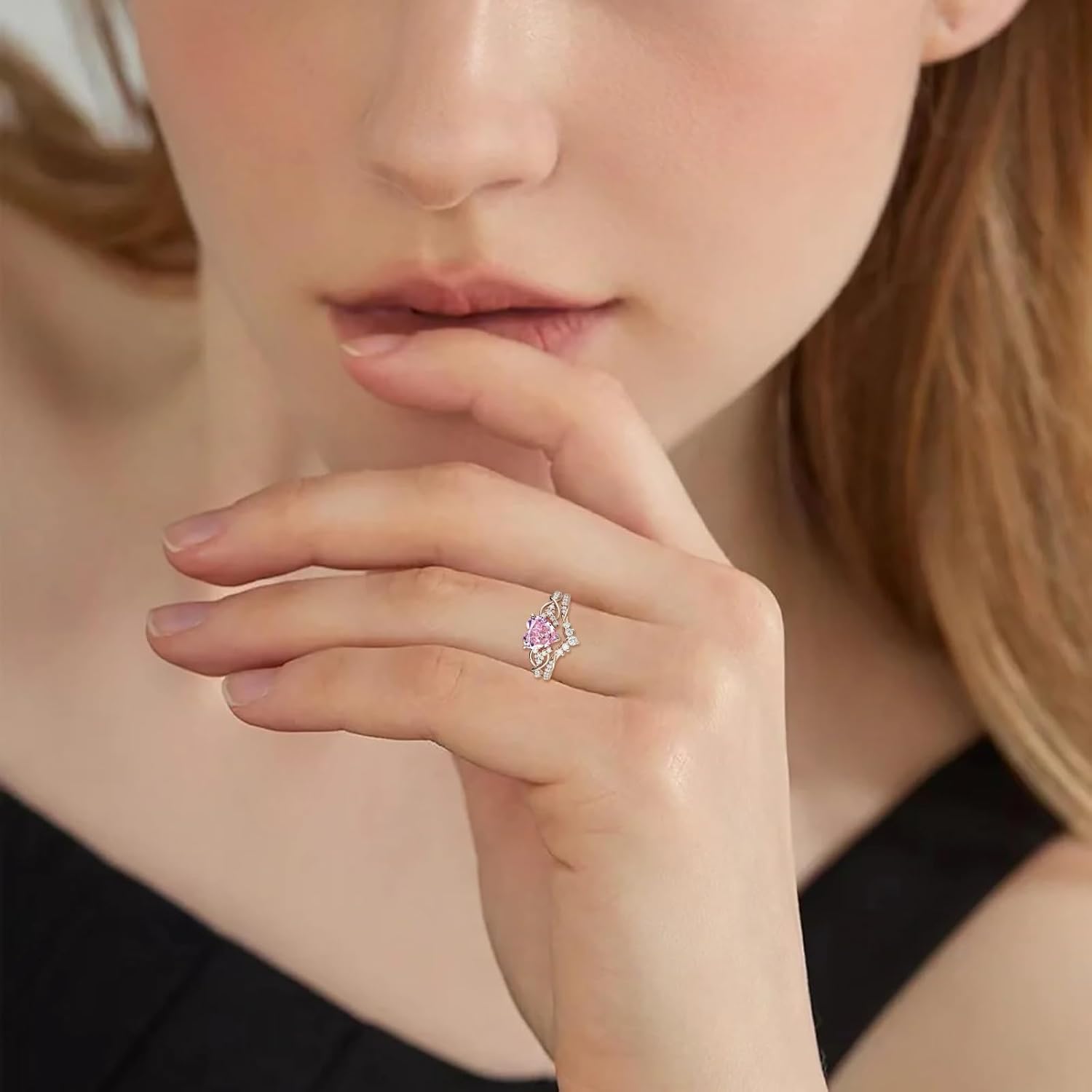 S925 10k/14k/18k Solid Gold Pink Moissanite Bridal Ring Set for Women, 1-2 Carat Heart/Oval/Round/Pear Cut Moissanite Engagement Ring Set Wedding Anniversary Free Engraving