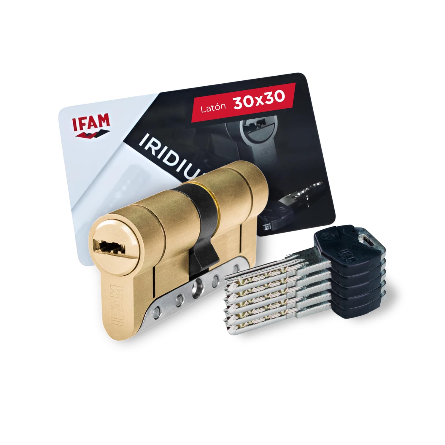 IFAM Cilindro Puertas Iridium, 30x30mm, Leva 15mm, Bombin Cerradura Seguridad, 5 Llaves, Doble Protección Antirotura, Antitaladro y Antiganzúa, Doble Sistema Antibumping, Perfil Europeo, Color Dorado