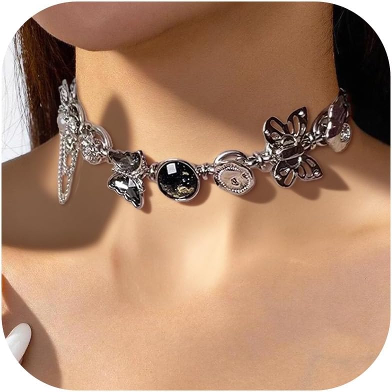 Gothic Necklace Butterfly Necklace Black Choker Necklaces for Women Goth Jewelry Silver Charm Necklaces Punk Grunge Accessories