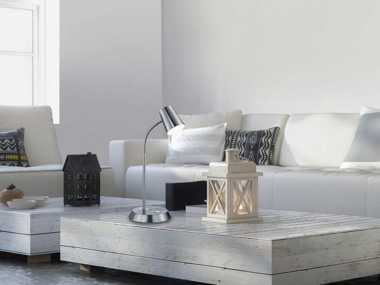 2er SET dimmbare Schreibtischleuchten mit Flexarm, Metall Silber Höhe 38cm
