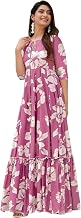 FIBREZA Women Rayon Flared Half Sleeve Printed Floral Long Dress | Floral Print, Maxi Length One piece Gown Style Trending Dress