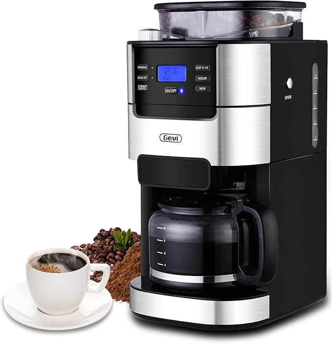 Gevi 10-cup drip coffee maker with built-in burr grinder and large water tank
