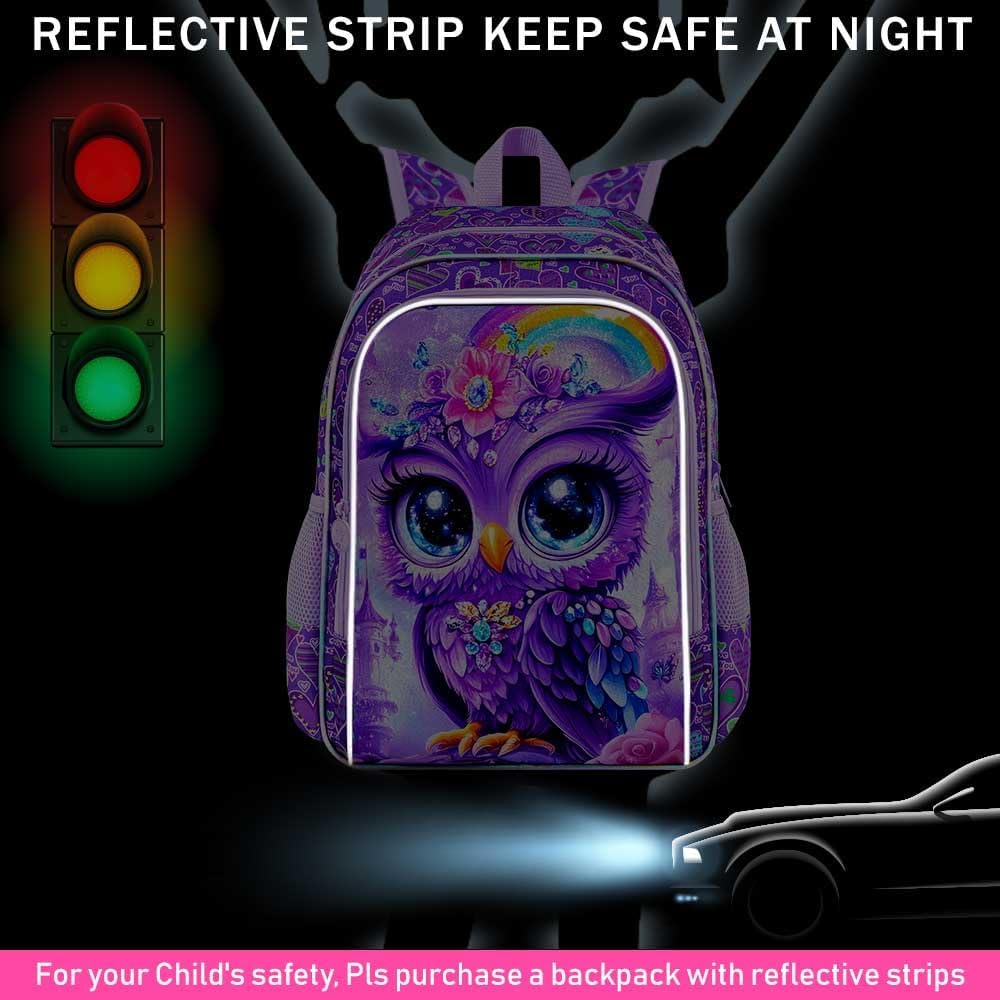 16" Owl Backpack for Girls, 3Pcs School Backpacks Set for Elementary Preschool Kindergarten, Kids Bookbag with Lunch Box (Purple)