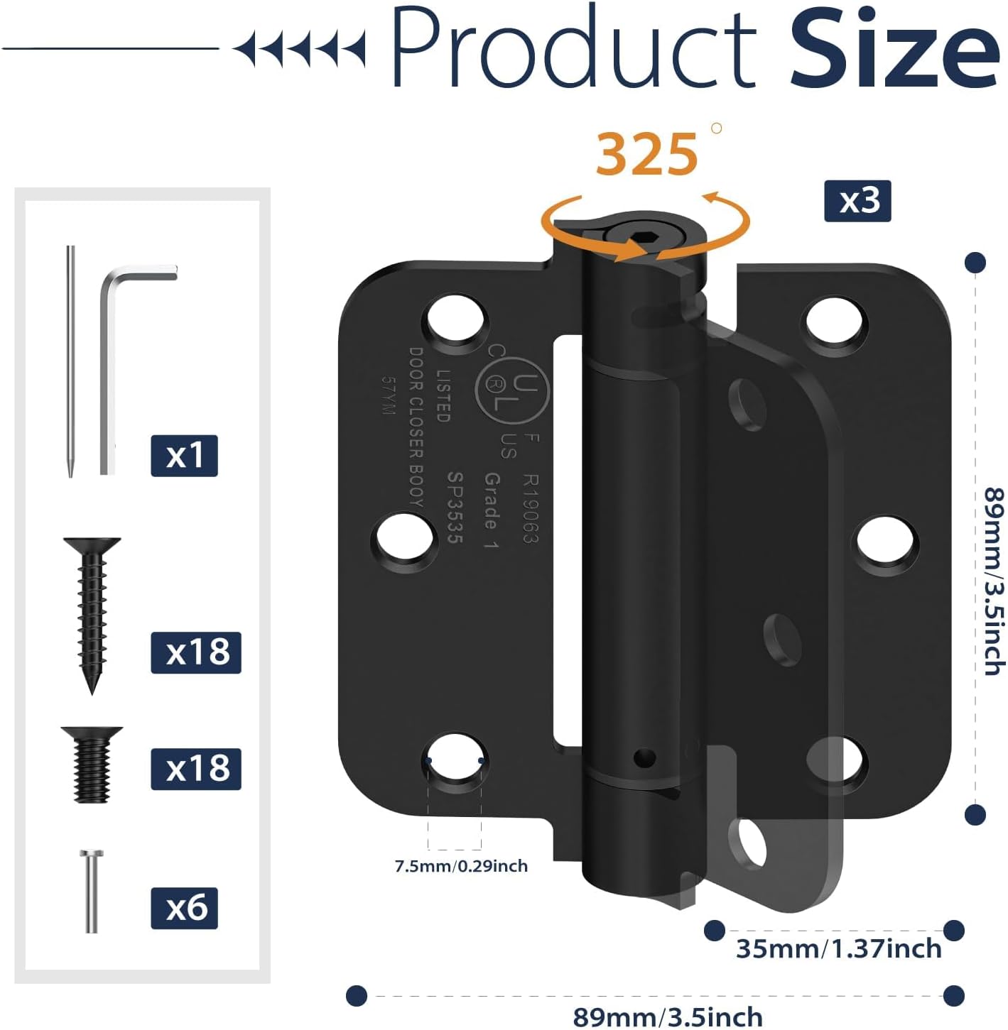 3-Pack Self Closing Door Hinges, 3.5 Inch Spring Loaded Door Hinges, Adjustable Tension for Exterior,Garage, Front Back Door,Left Right Hand Door, 5/8'' Radius Corners,UL Listed,Black