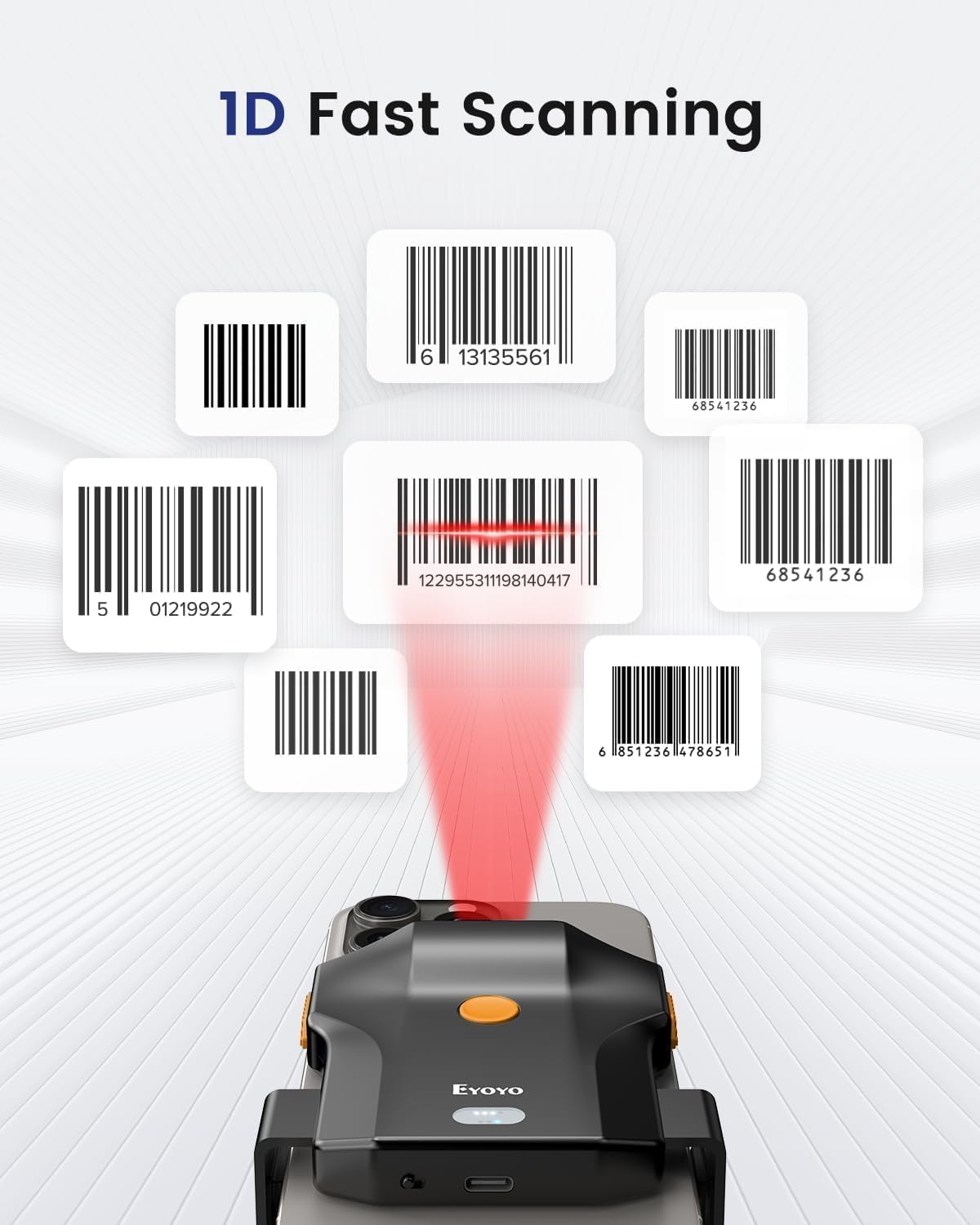 Eyoyo Bluetooth Barcode Scanner Wireless: Portable Phone Back Clip 1D Bar Code Reader for Library, Retail Store, Book Inventory - Fast UPC ISBN Scanner Compatible with 4.7"-7.2" Android Phone, iPhone