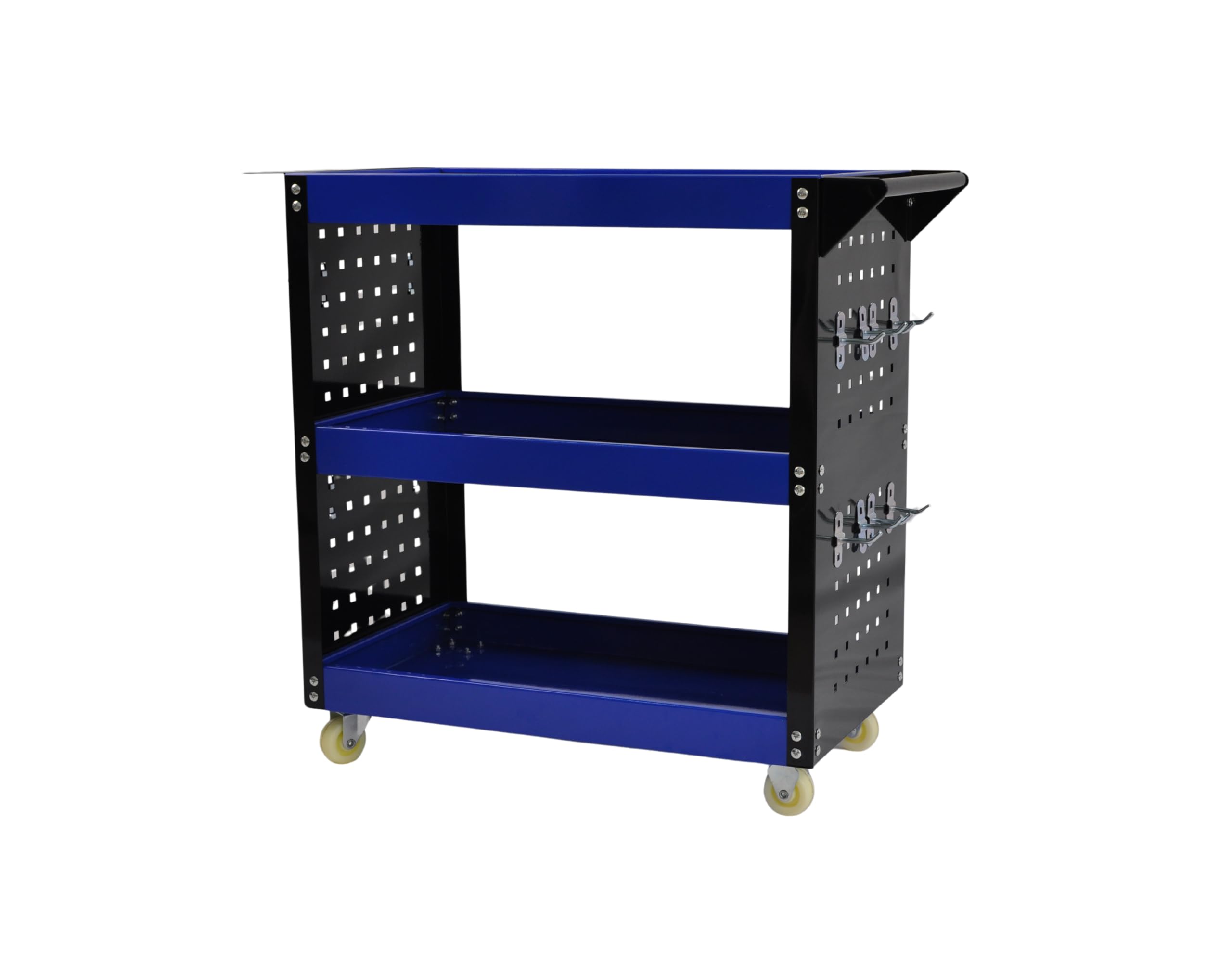Carro de Taller Profesional 3 Baldas con Paneles Laterales y Ganchos – Azul/Negro – 700×350×760 mm – Carro Herramientas con Ruedas Maniobrable