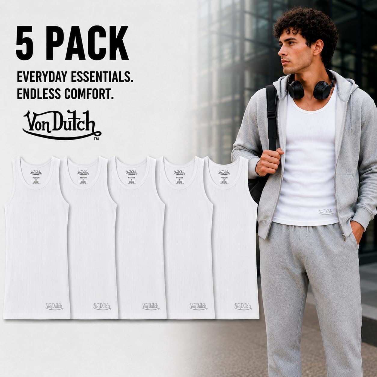 Von Dutch Mens Tank Tops - 5 Pack Soft Cotton A-Shirts for Men, Sleeveless Classic Mens Undershirts for Everyday Wear