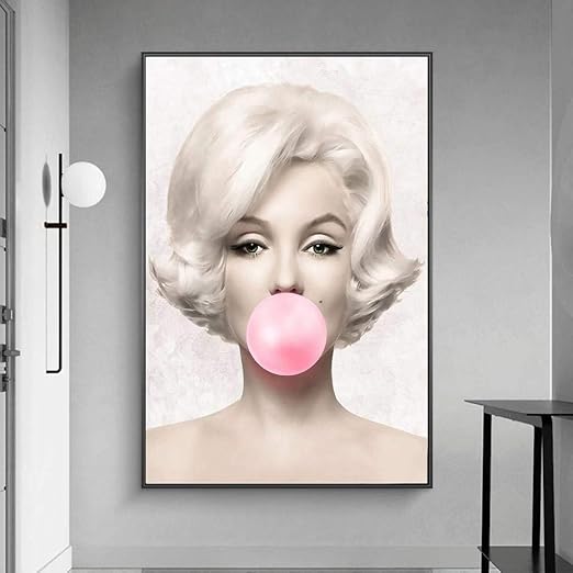 Amazon ピンクの泡ガムキャンバスアートポスターとプリントのマリリンモンローかわいい肖像画キャンバス絵画壁の写真家の装飾 50x70cm フレームなし ウォールステッカー オンライン通販