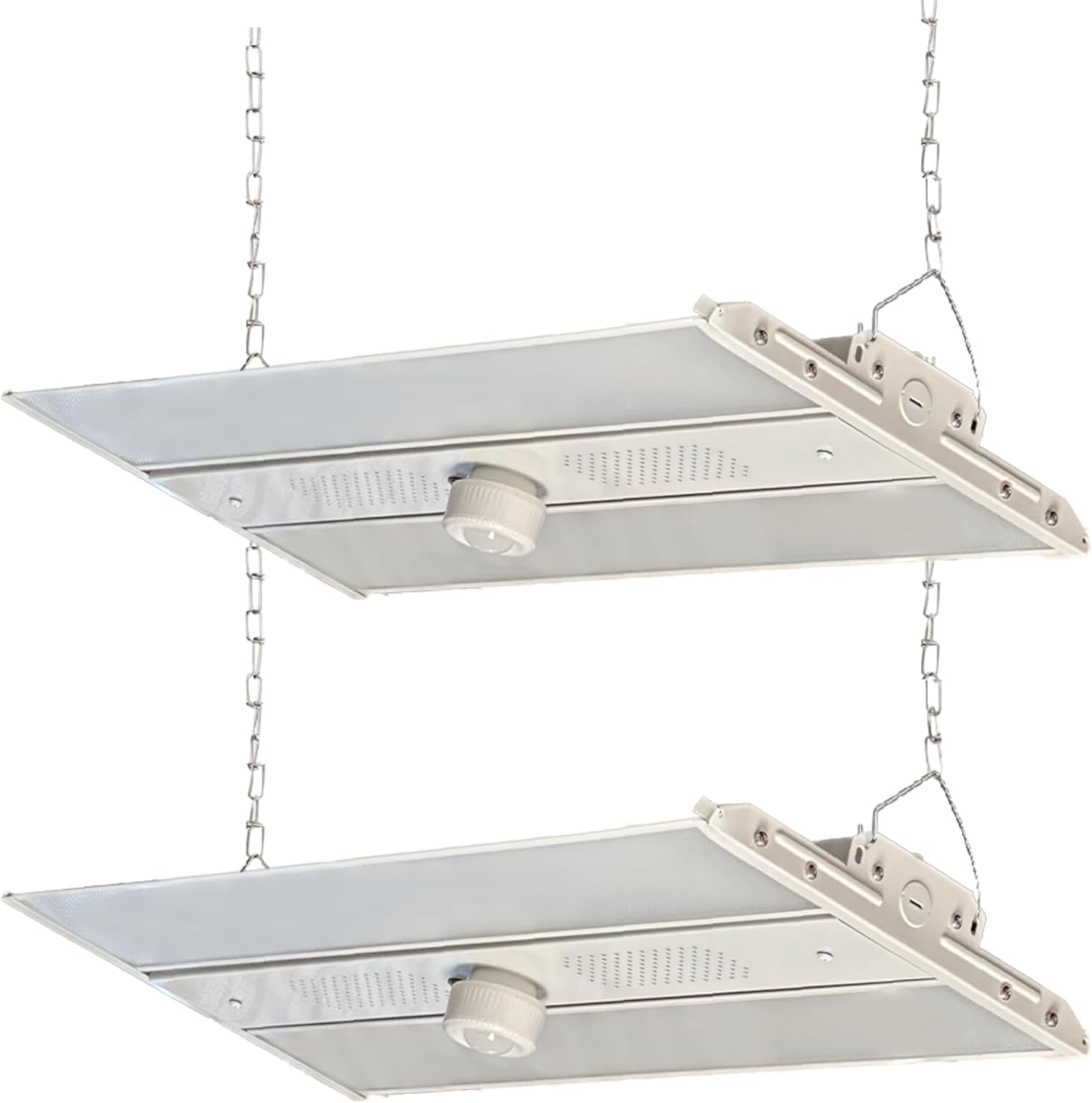 Two E2 Lighting Linear High Bay LED lights with emergency battery backup and motion sensors, suspended by chains, as they appear in the package.