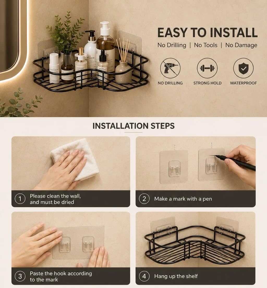 Metal Bathroom Corner Shelf | Self Adhesive Wall Mounted Bathroom Organizer Rack | Multipurpose Storage Shelf|Bathroom Organiser Without Drill for Shampoo, Soap, Toiletries | Black - Angle 2