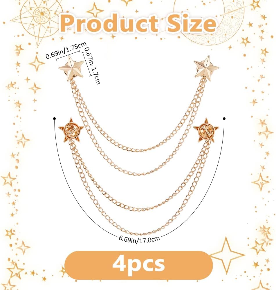SUPERFINDINGS 4Pcs Long Chain Brooch Star Tassel Lapel Pins Men's Double Star Chain Alloy Suit Pins Collar Pin Tassel Suit Collar Brooch for Men Women Suits Gifts
