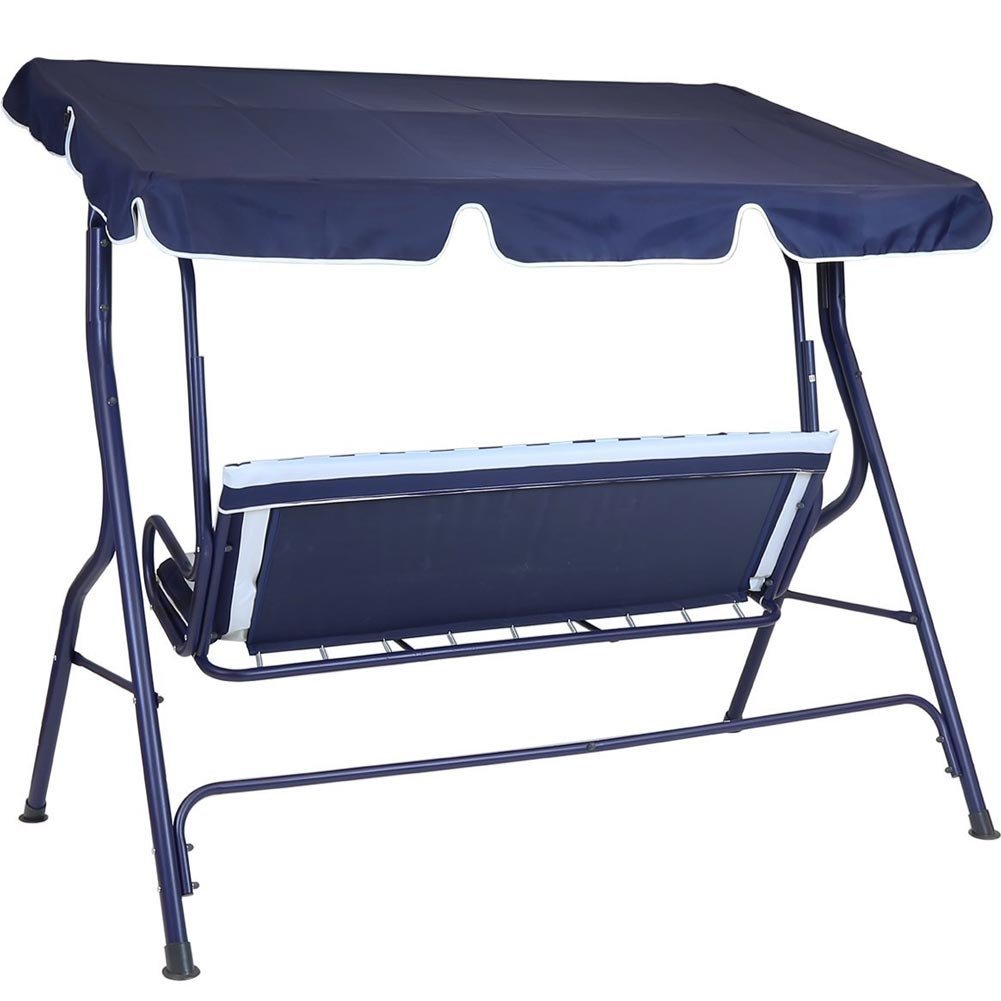 Bakaji Dondolo da Giardino 3 Posti Altalena per Esterno Struttura in Acciaio con Tettuccio Regolabile Impermeabile Colore BLU Bianco (a strisce), cuscini sfoderabili