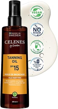Celenes By Sweden Herbal Tanning Oil SPF 15 - All Skin Types, Natural Glow, Hydrating with Cocoa, Carotene, Vitamin E, 200 ml - Paraben & Alcohol-Free