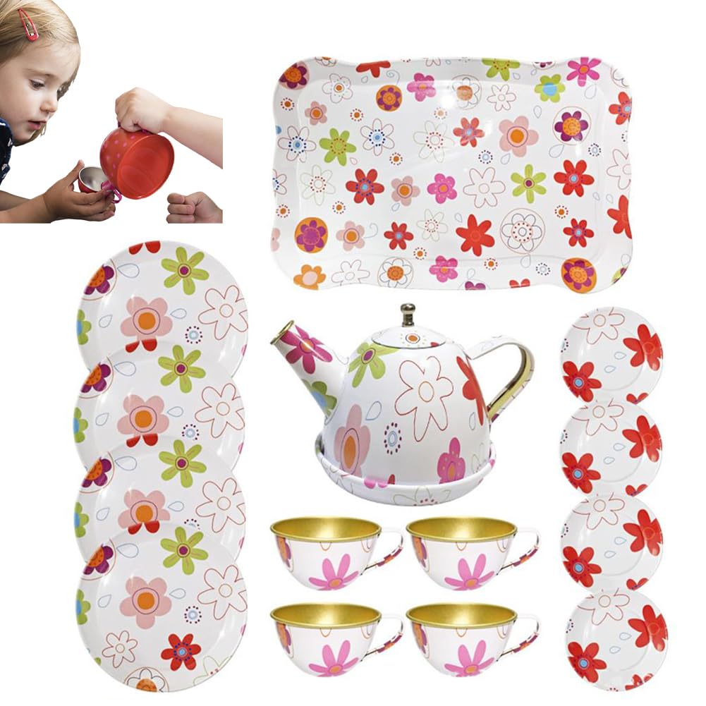 Kids Tea Set,14Pcs Metal Tea Party Set for Girls & Boys,Pretend Play Kitchen Accessories with Teapot,Tray,4Teacups,4 Plates and 4 Saucers,Safe & Durable Gift