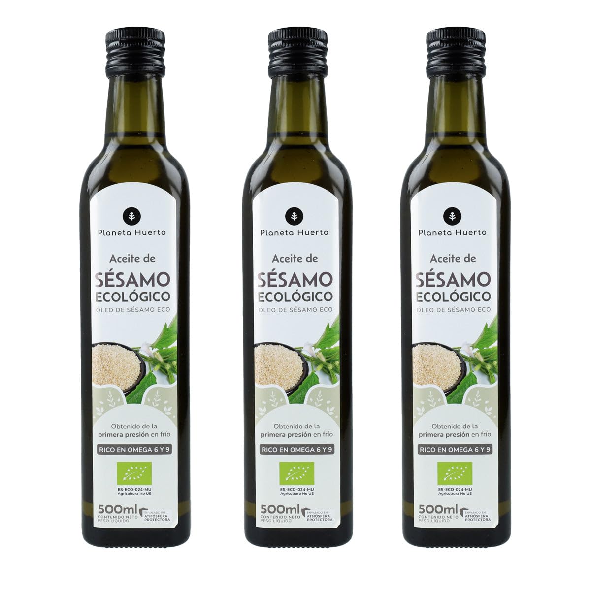 PLANETA HUERTO | Pack 3x Aceite de Sésamo ECO 500 ml – Aceite de Sésamo Virgen Prensado en Frío, 100 % Natural, Rico en Grasas Saludables y Antioxidantes