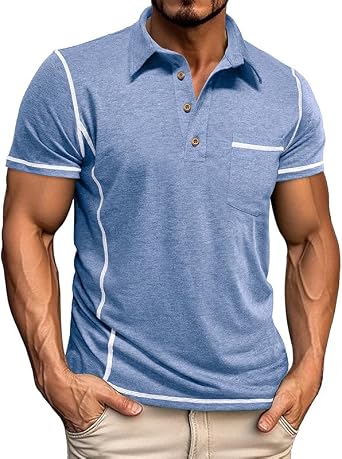 Mens Short-Sleeved Lapel Polo Shirts Classic Slim Basic Button Tee Shirt Cotton Golf Henley T-Shirt with Pocket