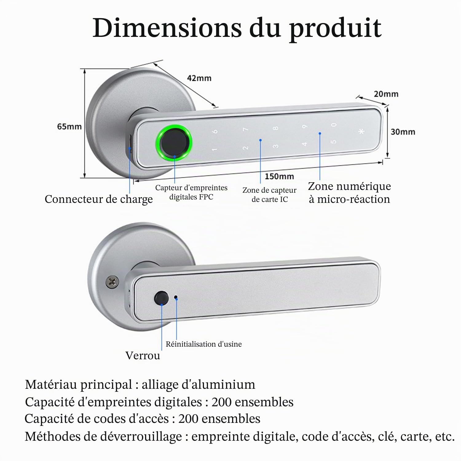Serrure Biometrique,Serrure Intelligente,Serrure Empreinte Digitale,9 En 1,Avec Clavier Tactile Et Fonctions Intelligentes,Convient Aux Portes d'Entrée,Aux Maisons,Aux Bureaux, Aux(Argent)