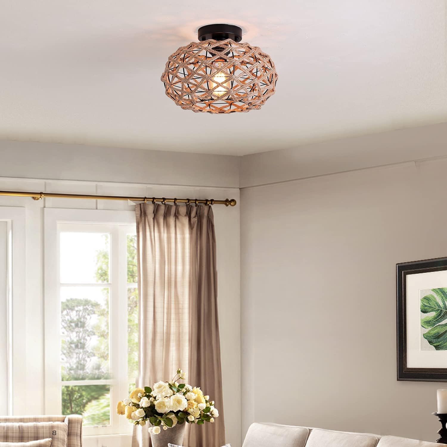 Nomita Rustic Woven Flush Mount Light Fixture Industrial Hemp Rope Cage Semi Flush Mount Ceiling Light for Hallway Bedroom Kitchen Entryway Farmhouse, Black