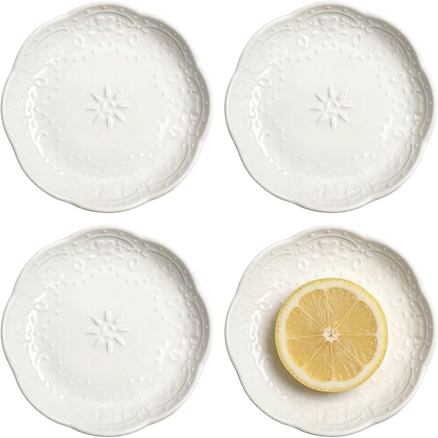 Sizikato 4pcs White Porcelain Appetizer Plate, 3.5-Inch Sauce Plate, Lace Embossed
