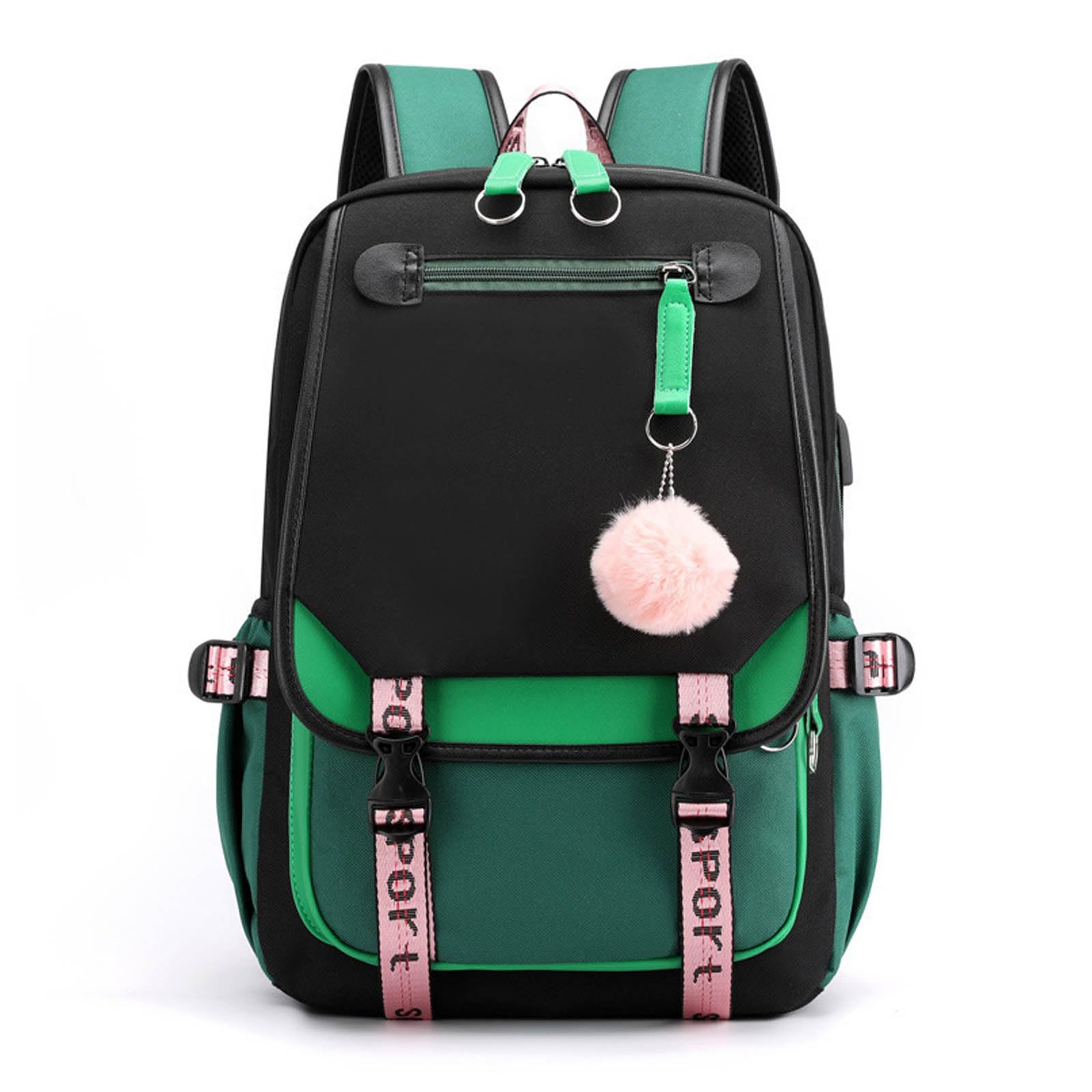 FANDARE Mochilas Escolares Mochilas Tipo Casual Niños Niñas Juveniles Bolsas Escolares con USB Mochilas Escolares para Estudiante Viaje Hiking Infantiles Daypacks con Colgante Bola de Pelo Verde A