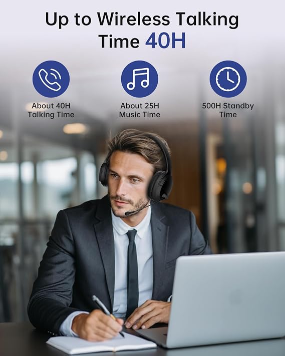 Wireless Headset with Microphone [Up to 40 Hours] Bluetooth V5.3 & USB Dongle Computer Headset with AI Noise Cancelling Mic, Over Ear Headphone for PC, laptop, Home Business Office Teams Zoom