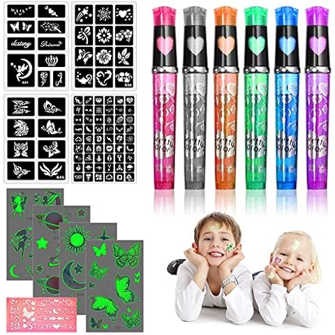 Temporary Tattoo Pen - Vaktop Tattoo Marker, 6 Tattoo Marker Pen with 4 Sheets Luminous Tattoos and 5 Stencil, Glitter Tattoo Gel Pens - for Kids and Adults Party Festival Dress Up Cover