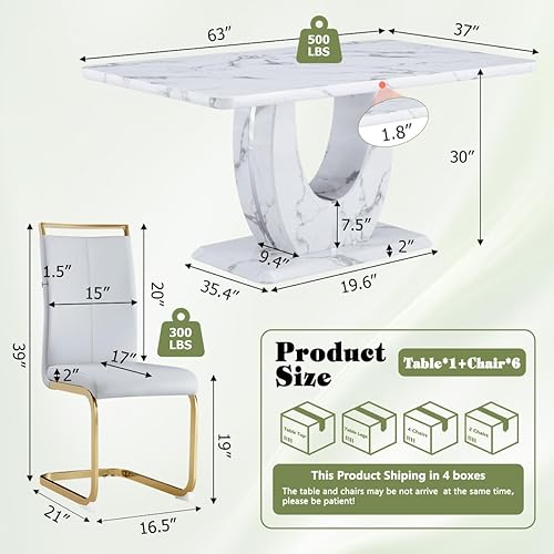 Miniatura 2 de JUFU Juego de mesa de comedor para 6, juegos de mesa de comedor de mármol, mesa de comedor de cocina moderna de 63 pulgadas y sillas con parte