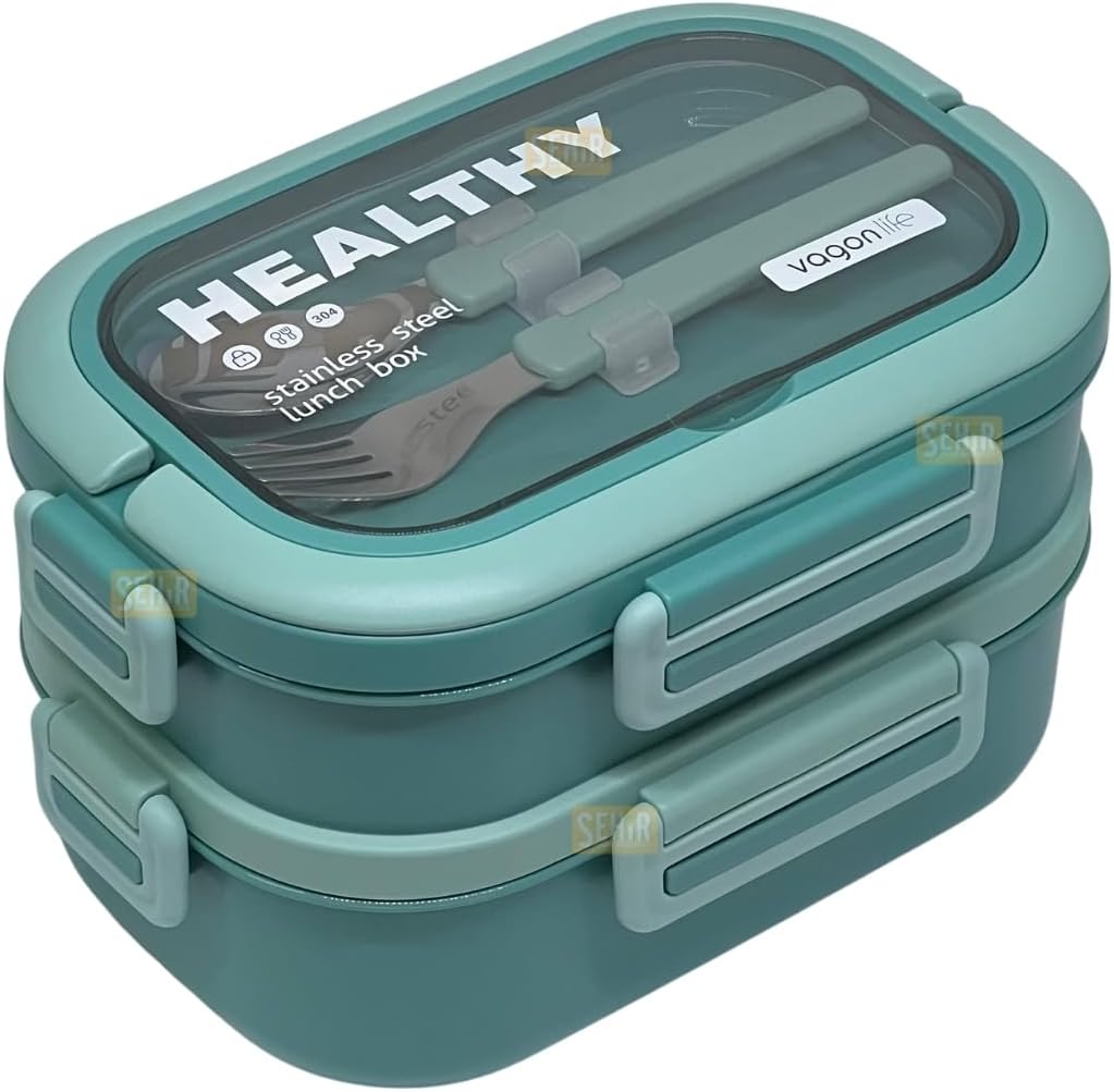 Vagonlife Bento 1650ml Lunchbox 2 Katlı 3 Bölmeli Paslanmaz Çelik Sefer Tası Yemek Kutusu (Yeşil)