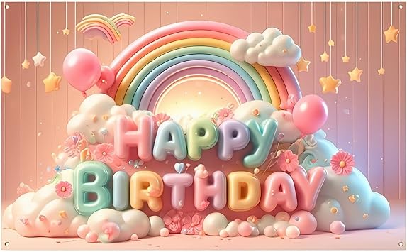 BlissYard Pastel Rainbow Cloud Birthday Banner 71x43 Inch Polyester | Polyester, Soft Rainbow Cloud Theme Birthday banner for yard, garden, home wall decoration.