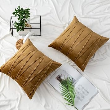 Gold Velvet Throw Pillow Covers Hand-Made Soft Velvet Striped Cushion Covers 16 x 16 for Couch Sofa Bedroom Car 2 Pieces Decorative Zigzag Stripe Cushion Cases
